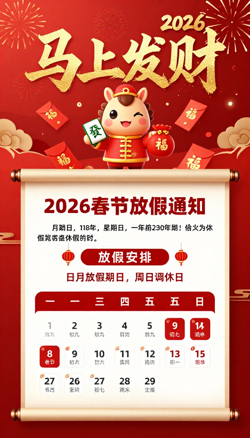 2026春节喜庆海报：马上发财与放假安排通知