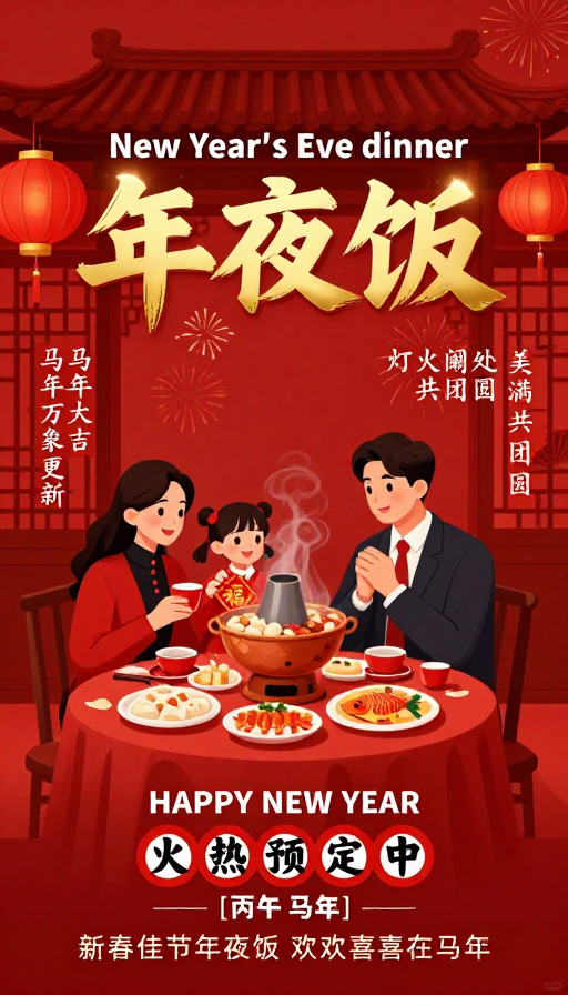 马年新春团圆盛宴：阖家欢庆年夜饭海报