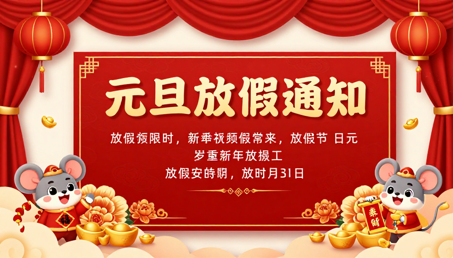 喜庆中国风元旦放假通知:红金竖版公告与卡通鼠