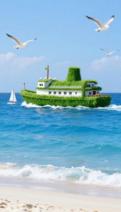 巨草游轮奇幻海景:宝石蓝海浪与白色沙滩间的童话之旅