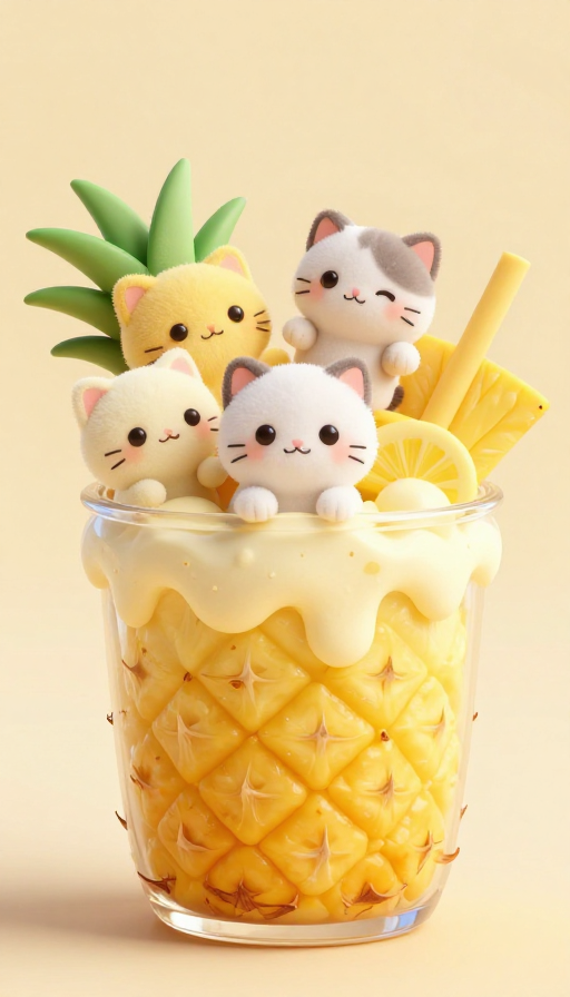 萌化治愈:3D高清奶猫跃动于菠萝奶杯