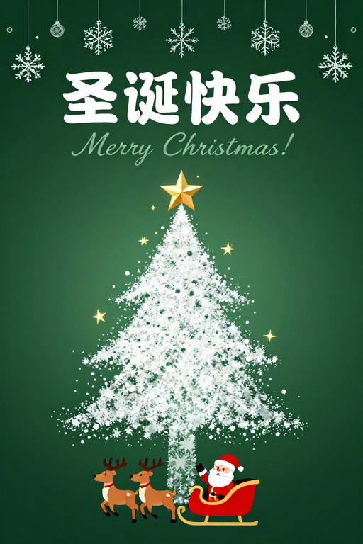 深绿渐变圣诞背景:手绘雪花与卡通圣诞老人