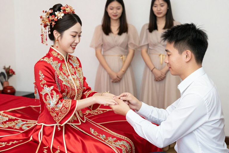 亚洲新娘身着红秀禾服，温情佩戴戒指的中式婚礼瞬间