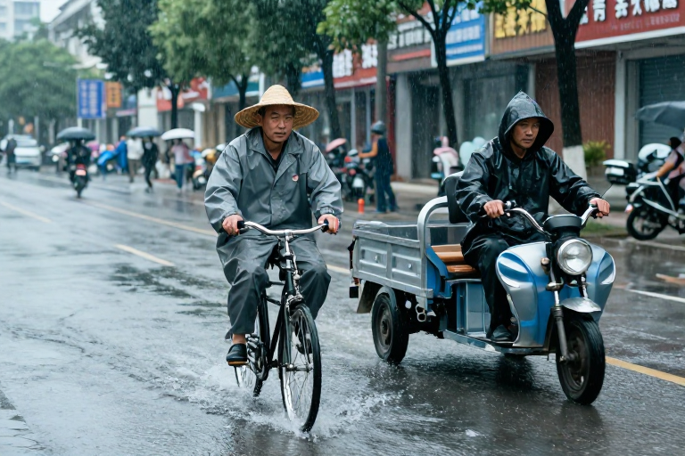 雨中骑行记：城市街景的冷调温情瞬间