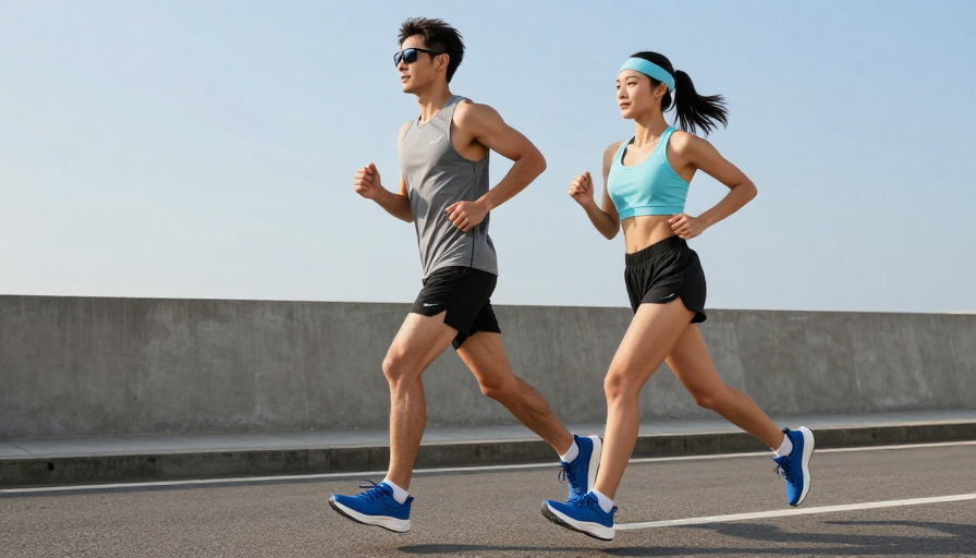 亚洲男女并肩奔跑：动感自然光商业摄影