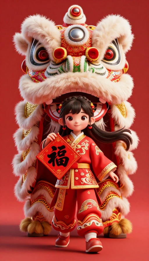 梦幻春节：古风少女与舞狮的超现实盛宴