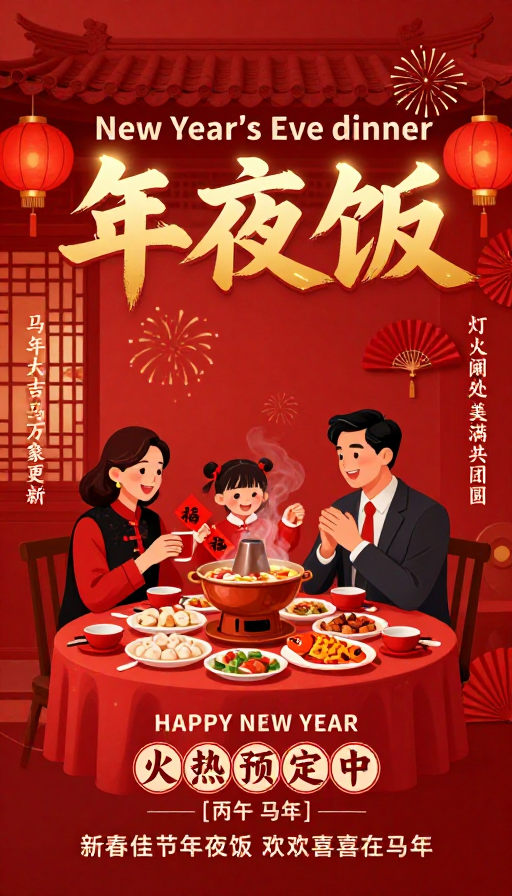 马年温馨年夜饭插画海报