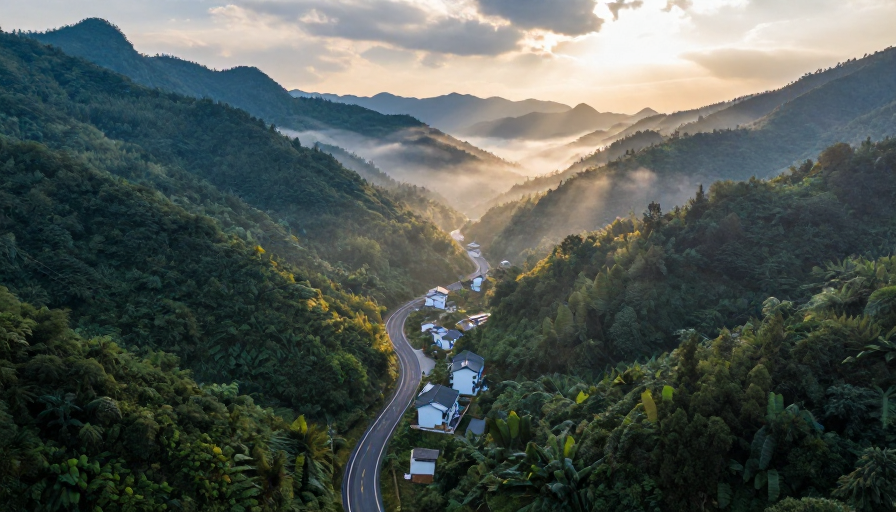 晨光穿透云雾的山路:青绿与暖橙交织的诗意风景