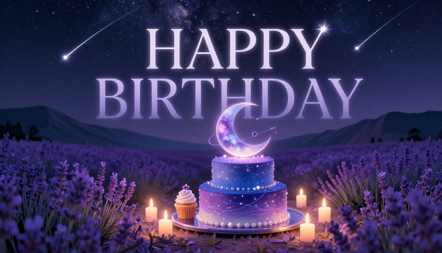 星空花海中的星光蛋糕生日祝福