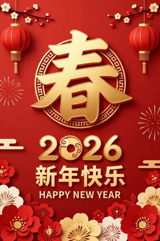 新春红金中国风海报，金色浮雕春字与福字