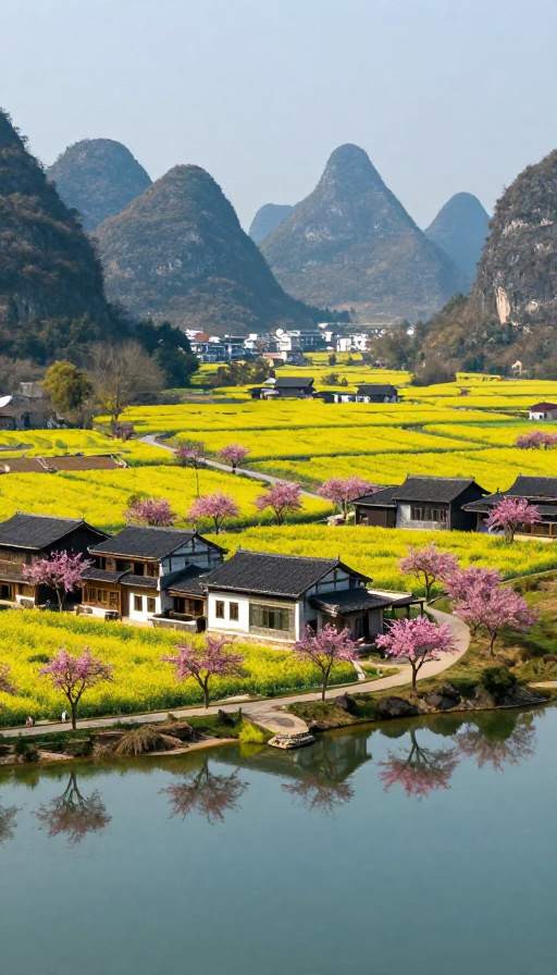 金黄花海映古宅，喀斯特山水入画卷