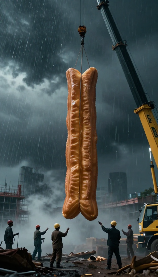 风暴夜下的巨型油条:超现实工地奇观