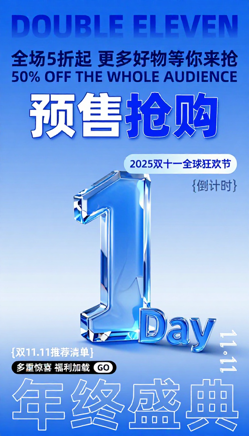 蓝色科技风双十一水晶数字促销海报