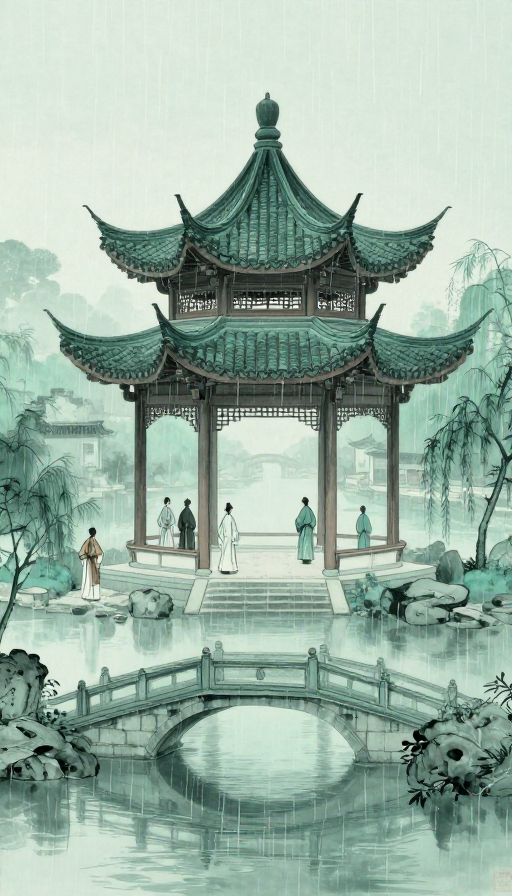 青花雨巷古韵：江南烟雨亭台与行人