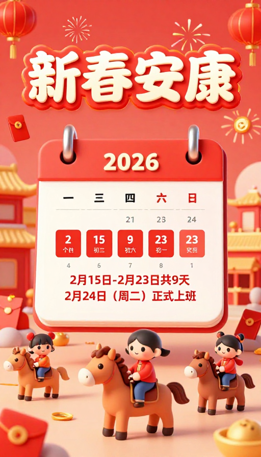 春节快乐！2026年假期3D卡通日历插画