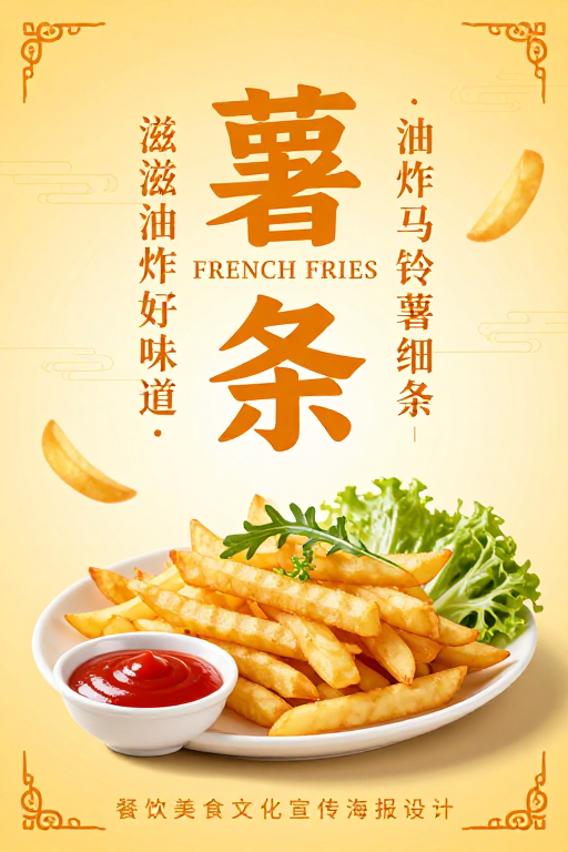 东方美学薯条：暖黄渐变背景下的中式美食海报
