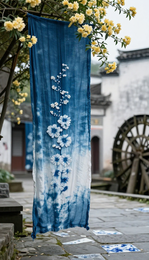 靛蓝扎染布帘下的古韵:徽派建筑与青花瓷的诗意交融