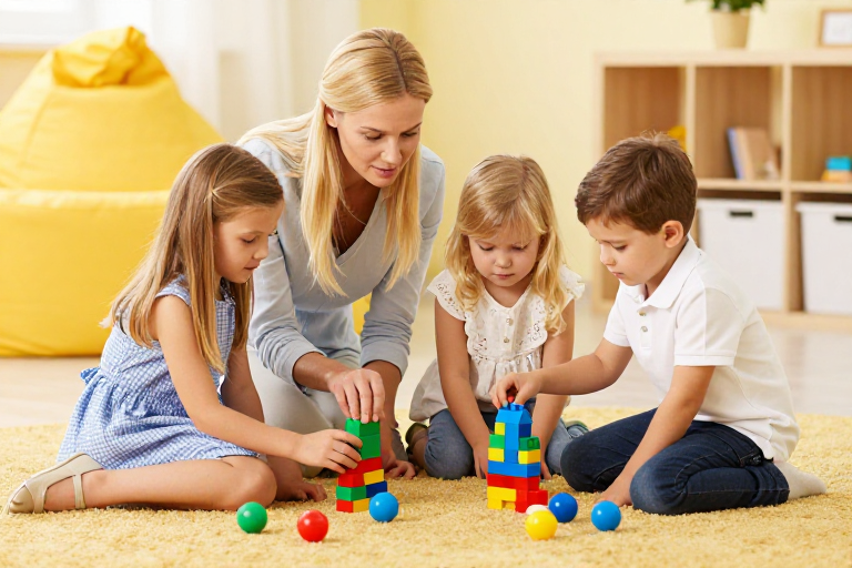 教师引导儿童积木互动 早教宣传