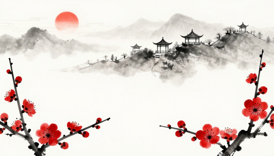 东方水墨意境：留白山水与古典亭台梅韵