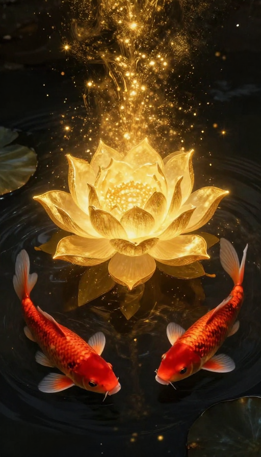 金荷夜辉：仙鲤游弋的国画幻境