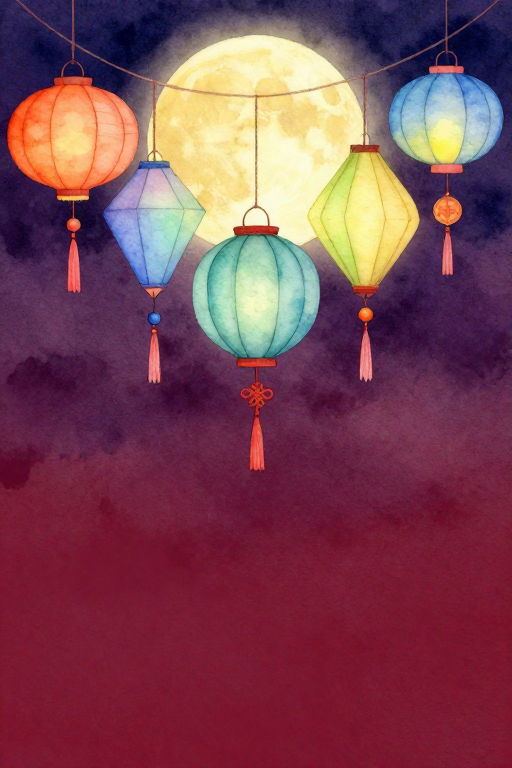 中秋水彩夜景：暖月灯笼点缀紫红渐变背景
