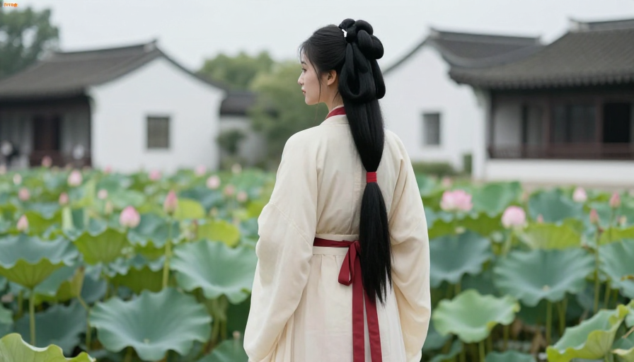 米白汉服女子伫立阴天下荷塘,古典韵味尽显