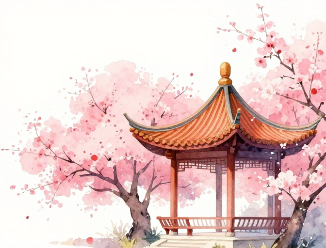 东方韵味：淡雅春日中式小亭水彩意境