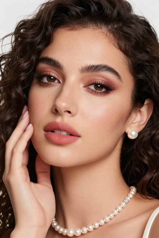 优雅女性特写：精致妆容与珍珠配饰的柔光魅力