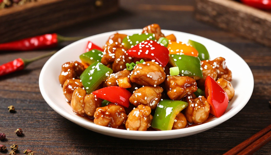 诱人宫保鸡丁特写,深色桌面上的美味呈现