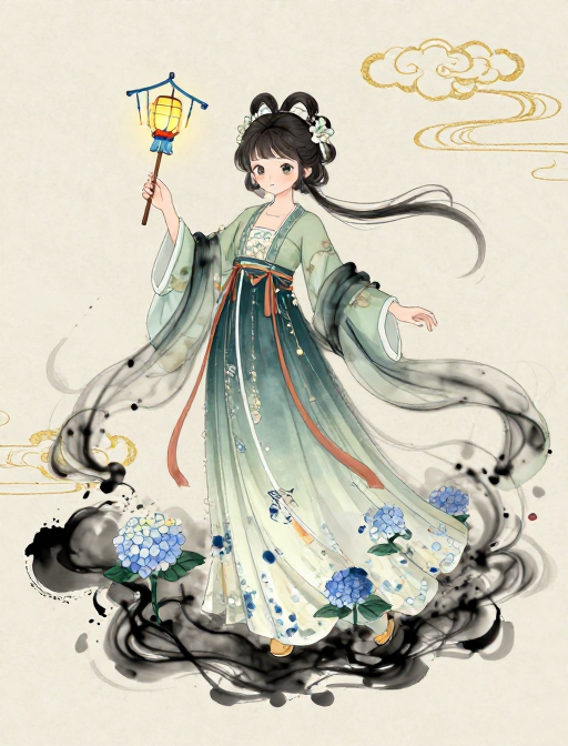 流体水墨古风萝莉插画:动态走马灯与绣球花绽放