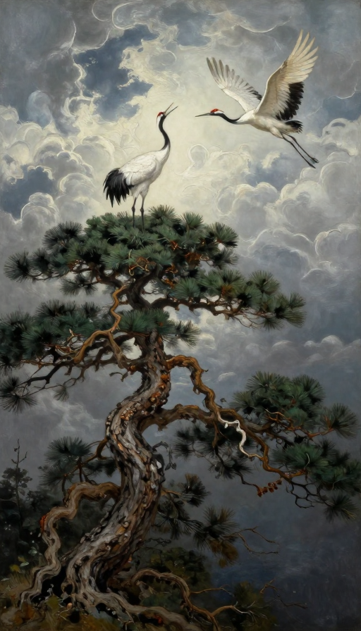 幽暗松鹤图:沧桑古树与仙鹤共舞的暗黑油画意境