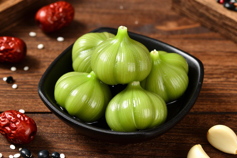 翠绿糖蒜诱人特写:暖棕色调美食摄影