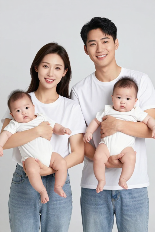 温馨家庭时刻:年轻夫妇与婴儿的纯白笑容