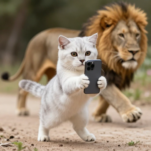 银渐层猫咪惊险自拍：狮子追捕下的求生瞬间