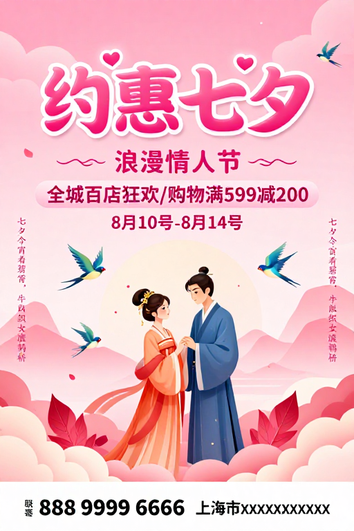 七夕浪漫促销:粉色梦幻古风情侣海报