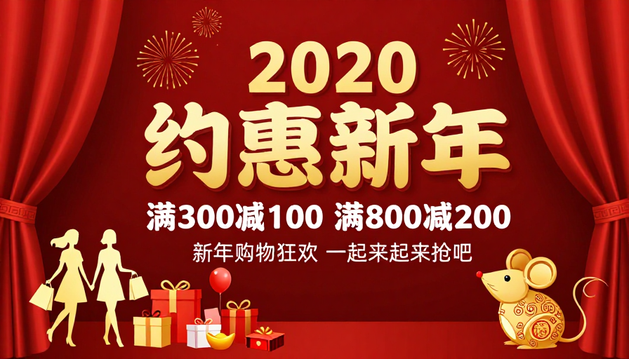 2020新年促销海报:红色喜庆金元宝剪影生肖鼠插画