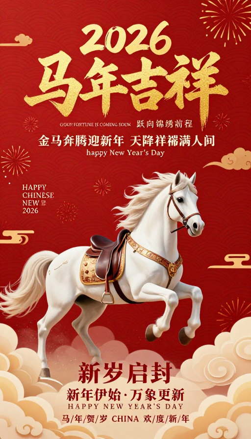 2026马年喜庆海报：金色骏马与吉祥文字设计