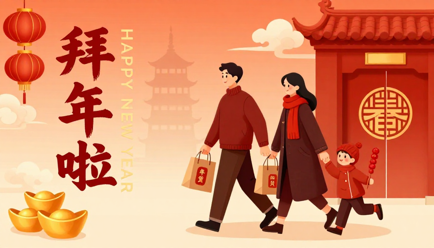 暖橙渐变中新年快乐祝福现代插画海报
