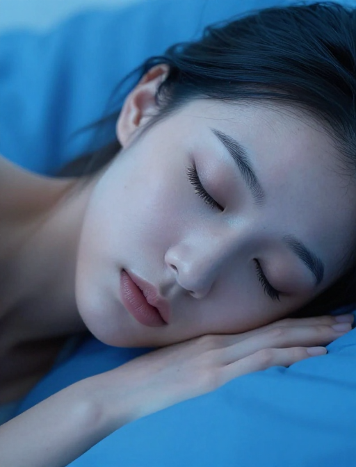 钴蓝光影下的熟睡面容：超高清唯美特写