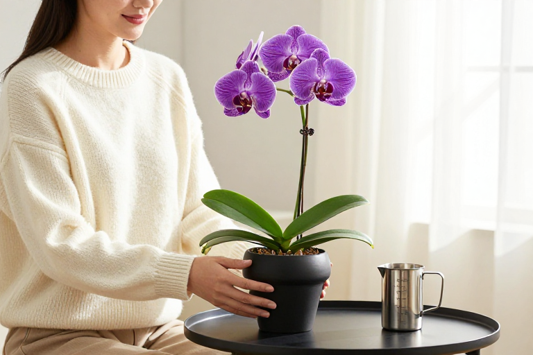 雅居时光：米白毛衣轻抚紫兰的暖光静谧瞬间