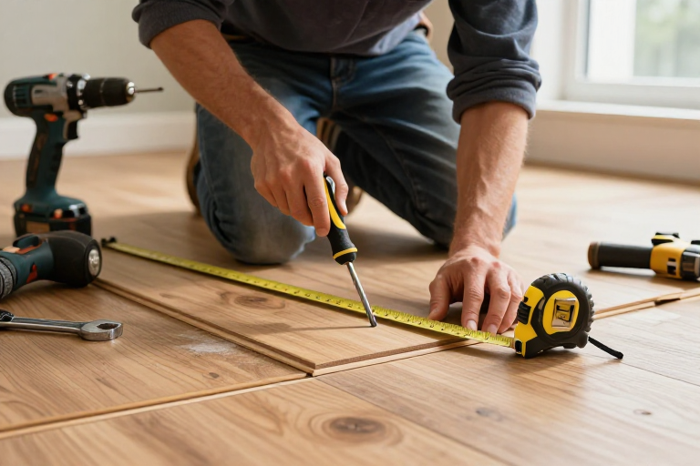 专业工人精准安装木地板，自然光下展现工艺细节