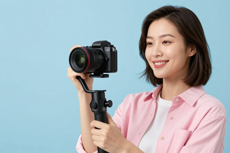 数码产品人像摄影：女性展示摄影设备