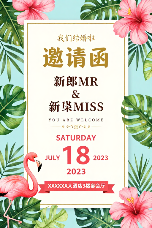 清新热带风婚礼邀请函，浪漫度假设计