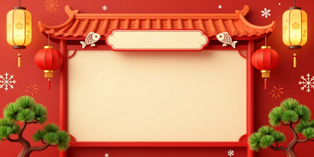 喜庆中国风春节背景 仿古屋檐与宫灯装饰画面