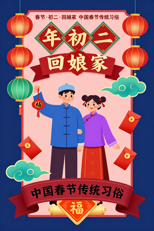 扁平插画春节海报:年初二回娘家传统习俗