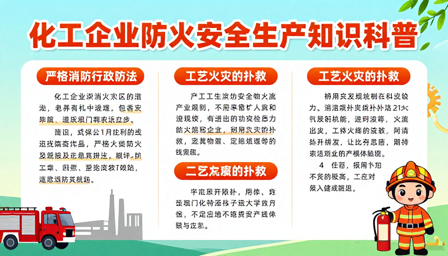 化工防火科普：橙红警示蓝绿工业风海报