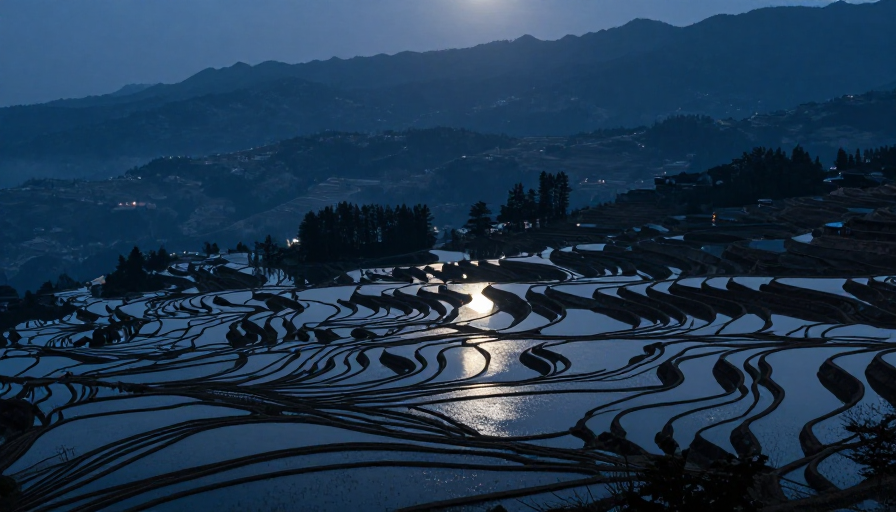 月夜梯田：冷调层叠山水与月光倒影的静谧夜景