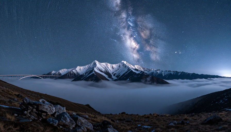 雪山之巅：银河拱桥与云端仙境的冷调夜景