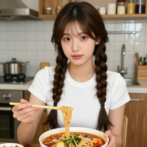 韩系麻花辫少女在温馨厨房享用丰盛麻辣烫