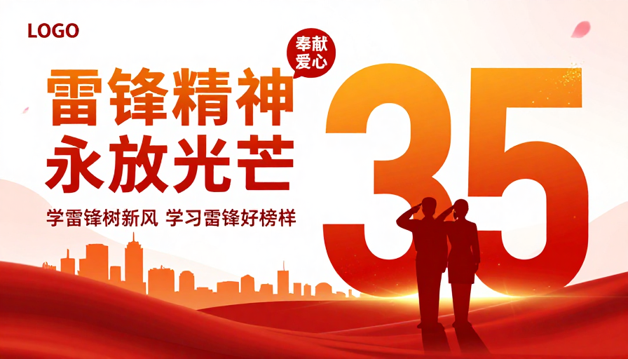 雷锋精神永放光芒 红色暖色调公益海报